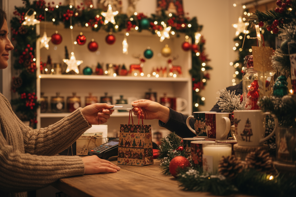 someone making a purchase in a small shop decorated for christmas cropped